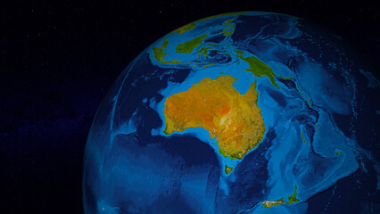 Earth globe zoomed and focused on Australia continent. Day side of Earth without clouds illuminated by sunshine and stars of universe on background. Elements of this image furnished by NASA