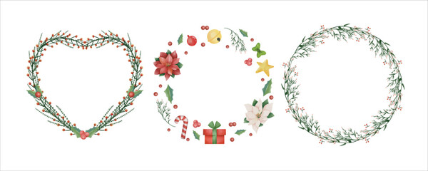 Set Watercolor Christmas floral frame or winter floral wreath consisting of flowers, leaves and branches. Frame vignette with a bouquet of flowers. Crown and Arch. Suitable for holiday invitation card