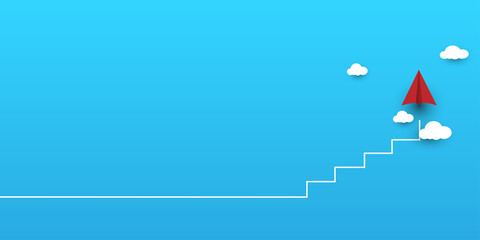 Progress, development concept. Origami planes flying up stairs. Professional, personal growth,...
