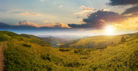 Naklejka na ściany i meble panoramic view in to valley. stunning landscape of carpathian mountains at sunset in summer. forested hills and grassy meadows beneath a bright blue sky in evening light