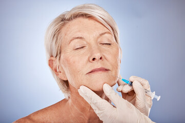 Botox, doctor hands and senior woman face for collagen, skincare and antiaging filler injection...