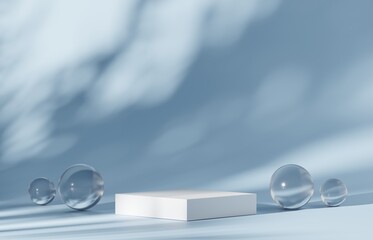 3D white podium or white dais stage. blue mock-up stand product scene blue background. 3d podium stage illustration render.