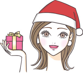 サンタの帽子を被りプレゼントを持つ女性