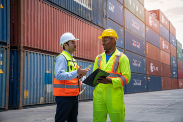 Male Industrial Engineer and Foreman control checking container at container yard warehouse. Logistics business. Import and export concept.