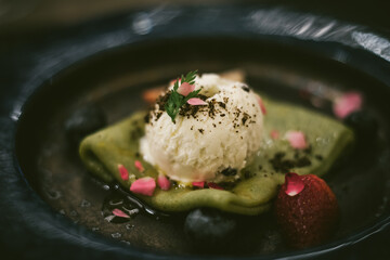  Green tea  crepes with vanilla ice cream.