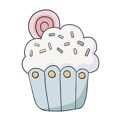 Colorful doodle black line Cupcakes with jelly and topping on white background. Hand drawn cartoon style. Decoration for any design. Illustration of kid and sweet.