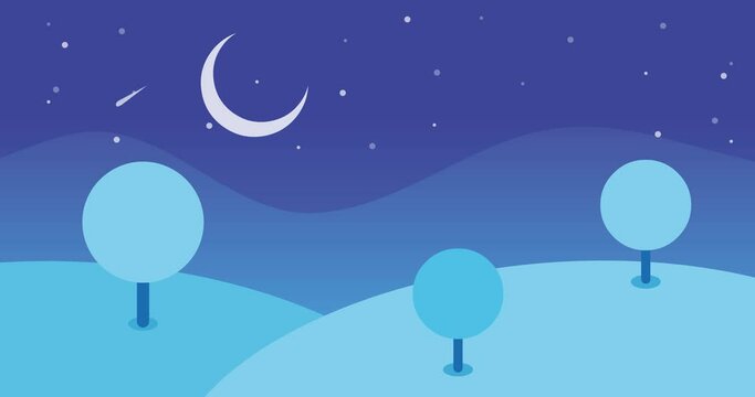 cartoon nature background animation of mountains and trees on moonlit night