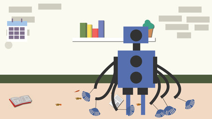 vector artificial intelligence (AI) robot at work cleaning the house and doing household chores