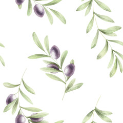 Watercolor pattern with olive branch with leaves isolated. Floral pattern for design. 