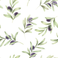 Watercolor seamless floral pattern. Simple pattern with hand painted olive branches in white. Watercolor wallpaper for design and decorating.