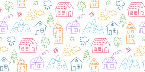 Fototapeta na wymiar Seamless pattern with children drawings. Kids doodle houses, mountains and trees. Hand drawn childish pattern with fairy town. Cute baby texture. Vector illustration on white background.