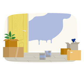 Home renovation background, moving to new apartment or office, wall repair and painting. Interior with painting and wall upkeep tools paint buckets and brush, cardboard boxes for moving things