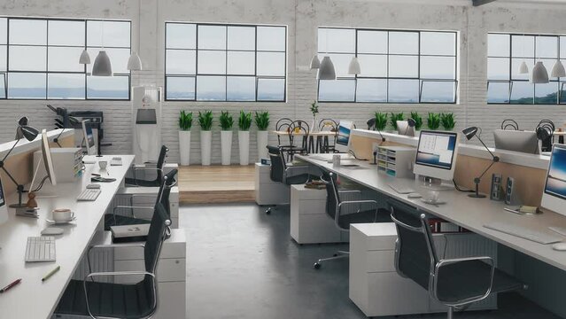 Einrichtung eines modernen Gro&szlig;b&uuml;ros mit Computerarbeitspl&auml;tzen auf einem restauriertem Industriegel&auml;nde - 3D Camera Animation