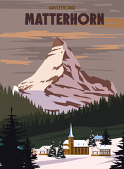 Matterhorn Ski resort poster, retro. Alpes Winter travel card