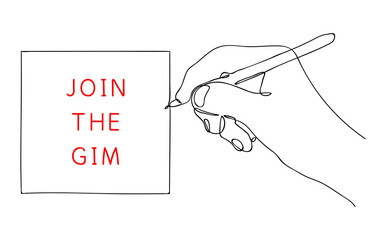 JOIN THE GYM. Message on paper about sports motivation and health lifestyle. Editable hand drawn contour. Sketch in minimalist style. Vector