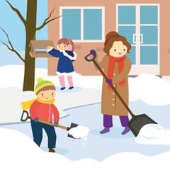 children help adults shovel snow and feed birds
