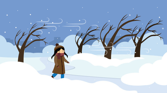 lonely girl in a cold park in winter