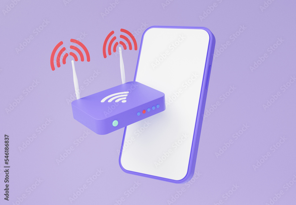 Poster wireless modem hotspot network via mobile phone. internet wifi router floating on purple background.