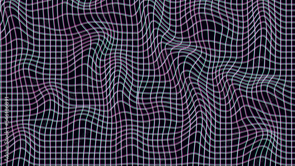 Poster abstract wavy 3d grid with glitch effect on dark background. geometric dynamic wave. 3d technology w
