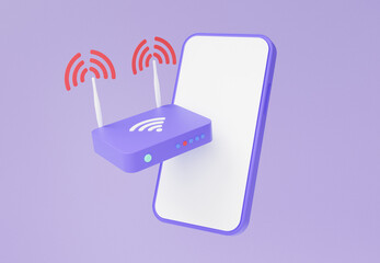Wireless modem hotspot network via mobile phone. Internet wifi router floating on purple background. Signal connection concept. Minimal cartoon style. 3d rendering. illustration