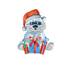 Christmas illustration watercolor cute christmas polar bear with gift boxes and wearing santa claus hat. Christmas tree. Ideal for t-shirt logo, greeting card, poster, invitation or print design