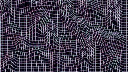 Abstract wavy 3d grid with glitch effect on dark background. Geometric dynamic wave. 3D technology wireframe. Vector illustration.