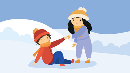 the girl helps the boy to get up from the snowdrift