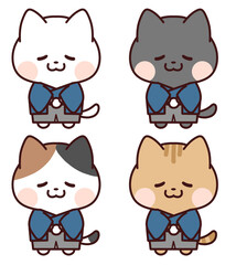 青の着物を着てお辞儀する猫セット