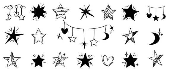 Hand drawn black star vector set on white background. Different shape and doodle style of black star, sparkle, crescent moon. Design illustration for sticker, tattoo, comic, decoration, card, poster.