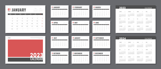 Set of 2023 -2024 Calendar Planner Template, and cover with Place for Photo, Company Logo. Vector simple grid layout for wall or desk calendar with week start on Monday for print