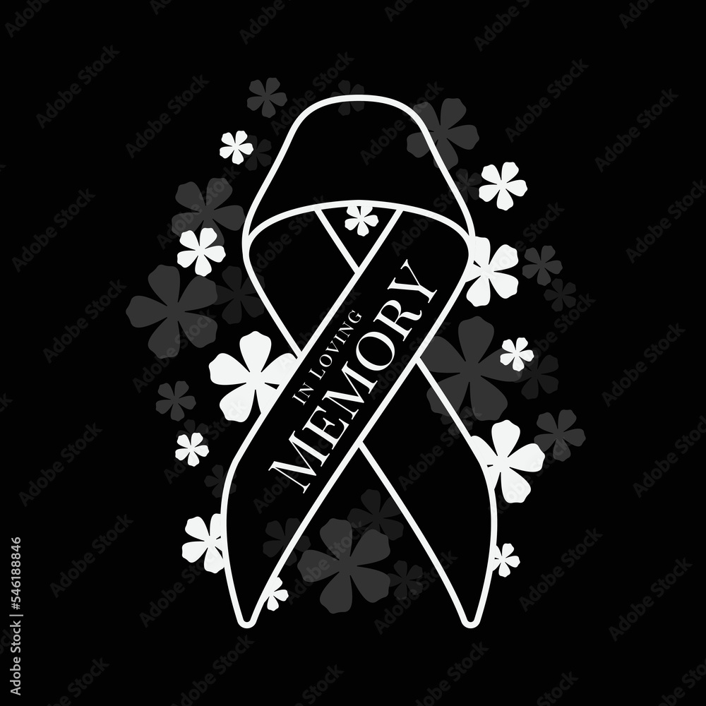 Poster in loving memory text in white line ribbon sign with flower around on black background vector design