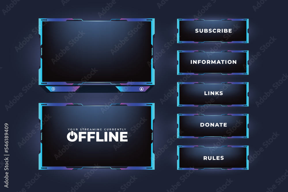 Poster live online gaming overlay and streaming icon design with buttons. futuristic live streaming button 