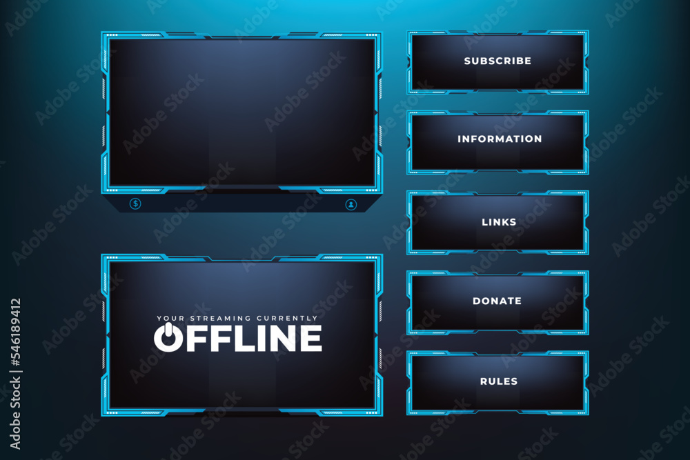 Poster futuristic live streaming overlay vector with blue and dark colors. streaming panel overlay template