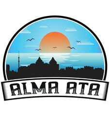Alma Ata Kazakhstan Skyline Sunset Travel Souvenir Sticker Logo Badge Stamp Emblem Coat of Arms Vector Illustration EPS