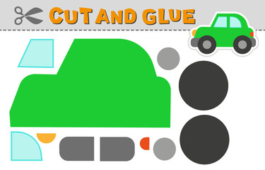 Cut and glue green car. Vector illustration. Paper puzzle game for children activity and education