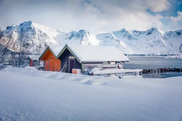 Raamstickers Calm morning view of Vestvagoy island with colorful doc station. Amazing winter scene of Lofoten islands, Norway, Europe. Wonderful seascape of Norwegian sea. Life over polar circle. © Andrew Mayovskyy