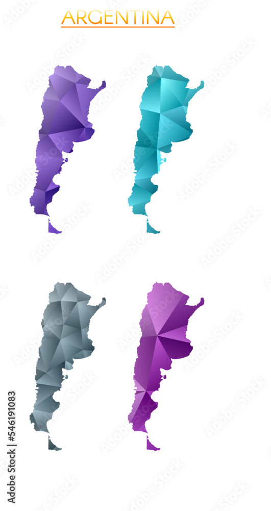 Poster set of vector polygonal maps of argentina. bright gradient map of the country in low poly style. mul