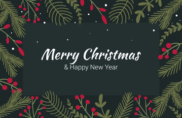 Christmas banner with the inscription Merry Christmas and Happy New Year on the background of a frame of spruce twigs and twigs with berries