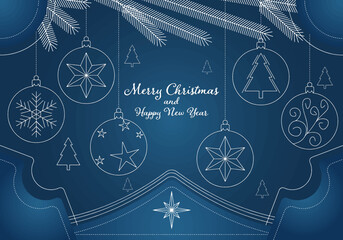 merry christmas and happy new year banner with flat toys, trees, branches and abstract objects
