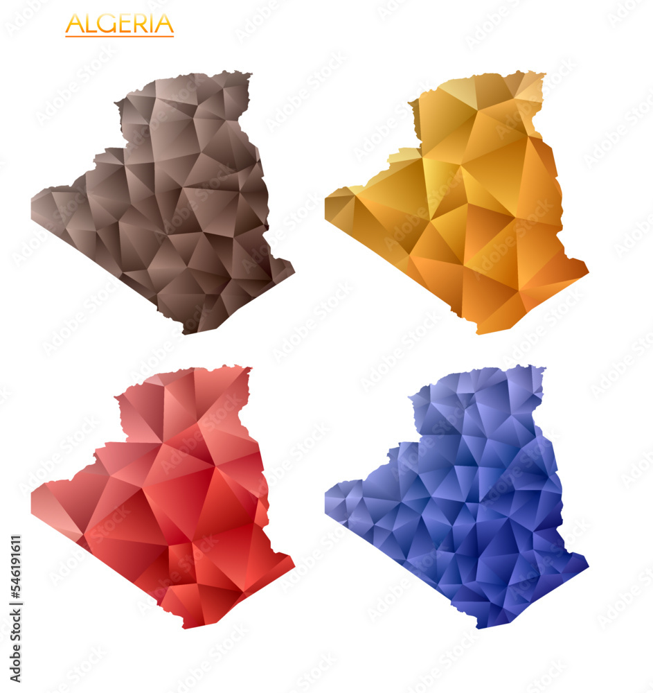 Poster set of vector polygonal maps of algeria. bright gradient map of country in low poly style. multicolo