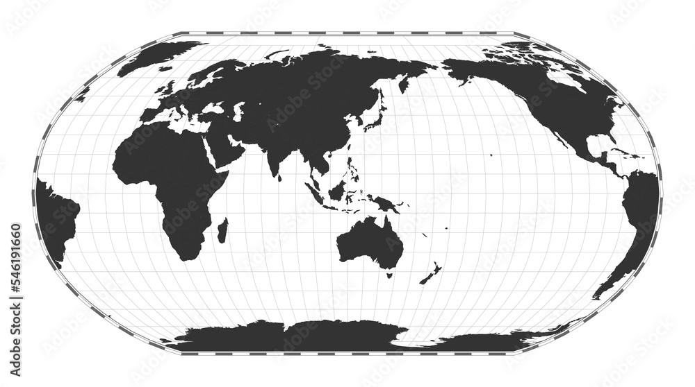 Poster vector world map in robinson projection. geographical map with latitude and longitude lines, centere