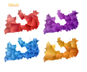 Set of vector polygonal maps of Milos. Bright gradient map of island in low poly style. Multicolored Milos map in geometric style for your infographics. Stylish vector illustration.