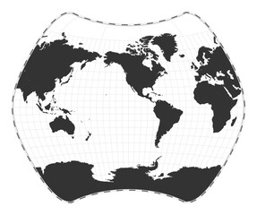Vector world map. Larrivee projection. Plan world geographical map with latitude/longitude lines. Centered to 120deg E longitude. Vector illustration.