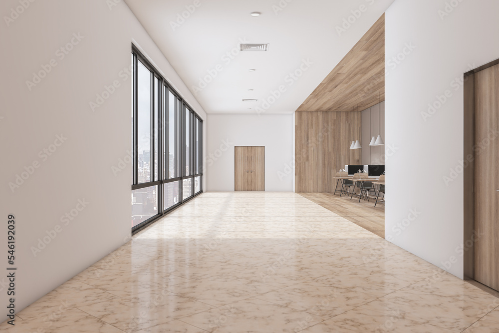 Poster front view on wooden door in white wall in sunlit light office with big windows, glossy floor and ec