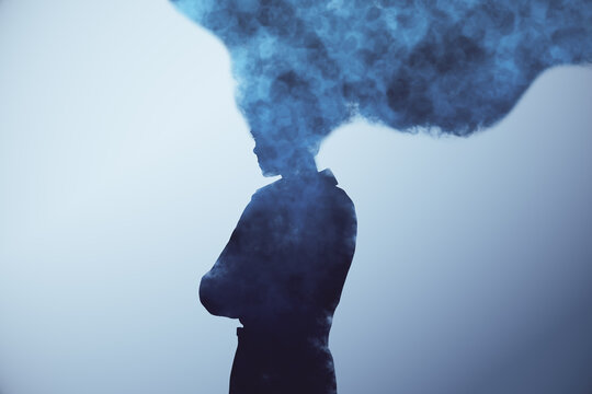 Head in the clouds concept. Cloud head person with folded arms on light background.