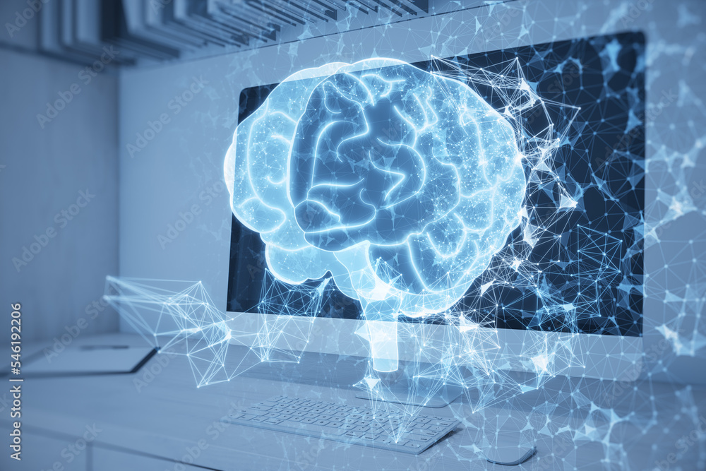 Poster close up of desktop with computer and abstract glowing polygonal human brain hologram on blurry back