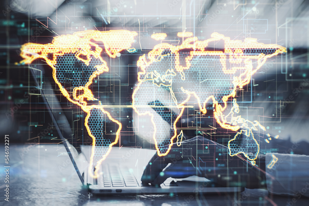 Poster global market and international communication concept with digital hexagon world map on technologica