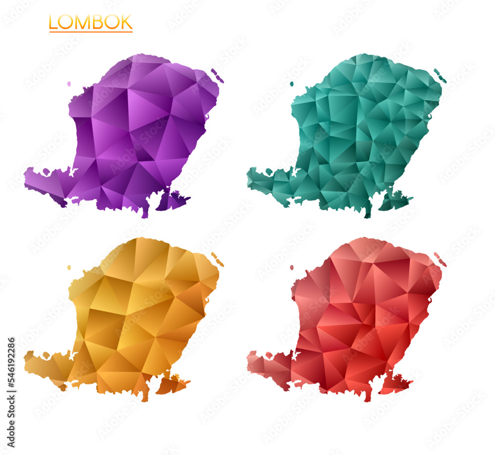 Poster set of vector polygonal maps of lombok. bright gradient map of the island in a low poly style. multi