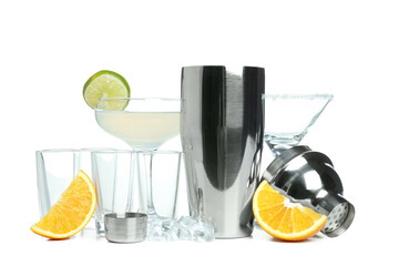 Concept of preparing alcohol drink or cocktail, shaker, isolated on white background