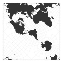 Vector world map. Peirce quincuncial projection. Plan world geographical map with latitude/longitude lines. Centered to 60deg E longitude. Vector illustration.